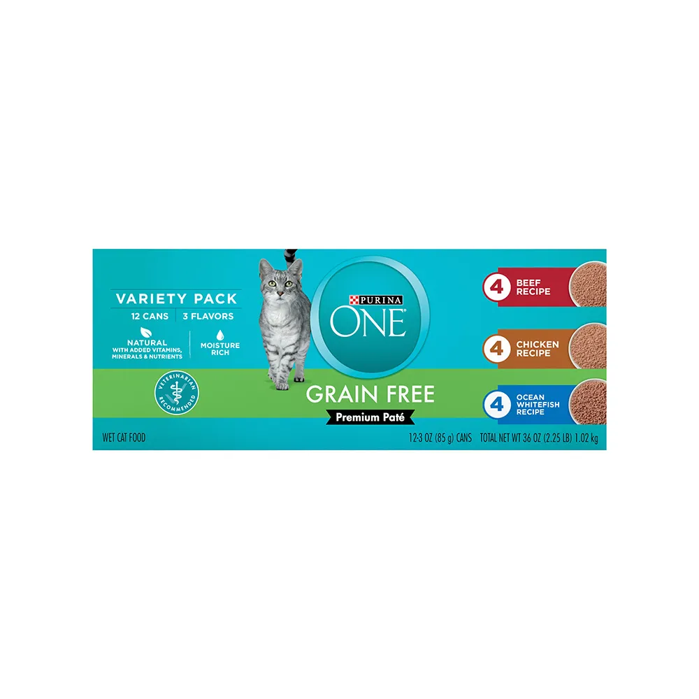 Purina ONE Grain Free Beef, Chicken, Ocean Whitefish Wet Cat Food Recipes 12 ct Variety Pack