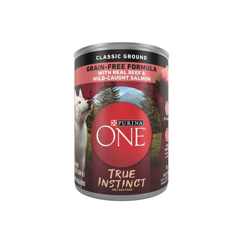 Alimento sin cereales para perros con carne de res y salmón salvaje reales, molienda clásica Purina ONE True Instinct