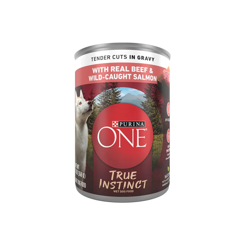 Alimento balanceado para perros con trozos tiernos de carne real de res y salmón salvaje en jugo de cocción Purina ONE True Instinct