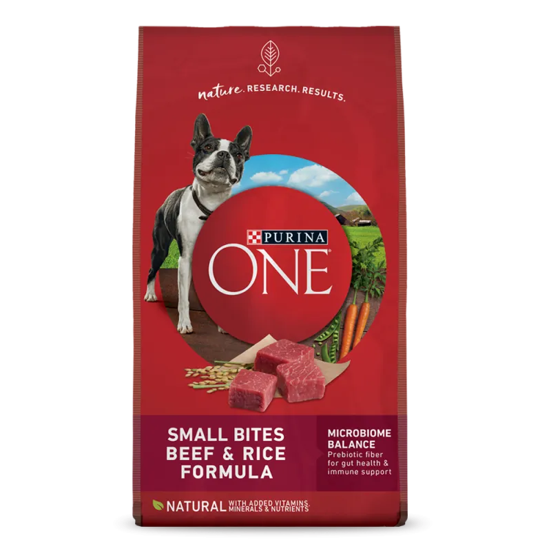 Alimento seco de carne de res y arroz en trozos pequeños para perros Purina ONE®