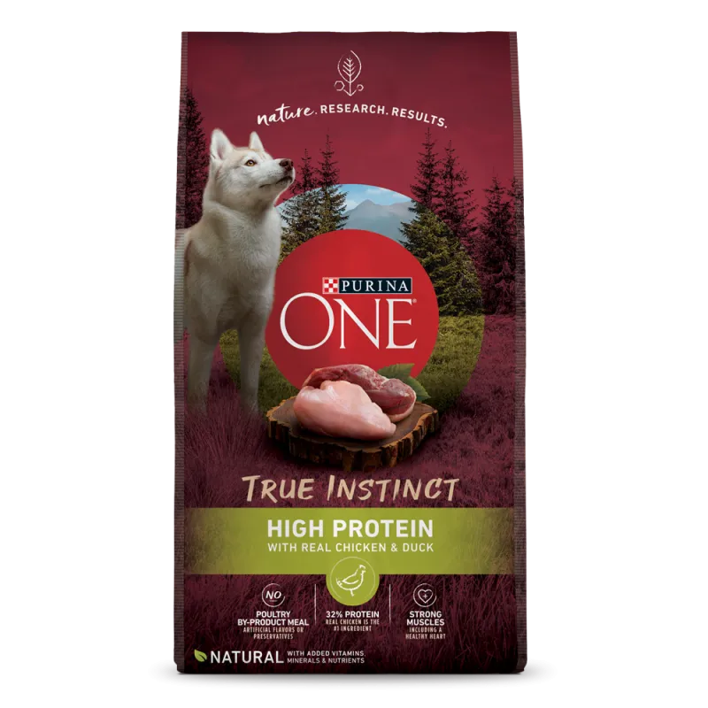 Alimento para perros rico en proteínas con carne real de pollo y pato Purina ONE True Instinct