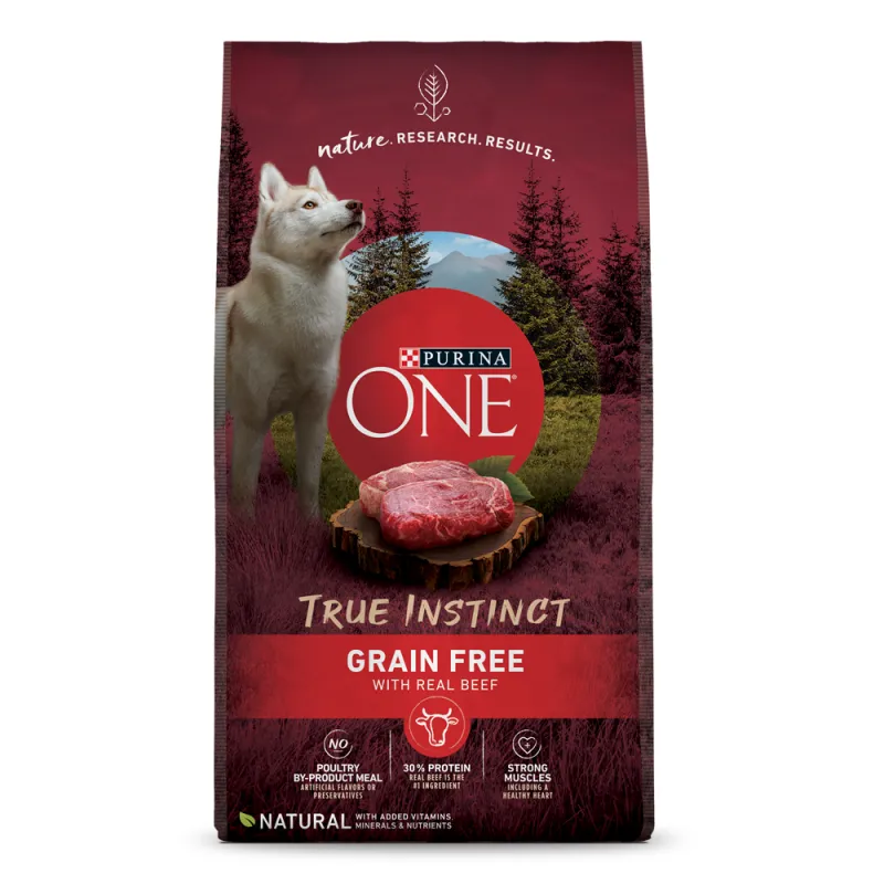 Alimento seco sin cereales para perros con carne real de res desmenuzada Purina ONE® True Instinct