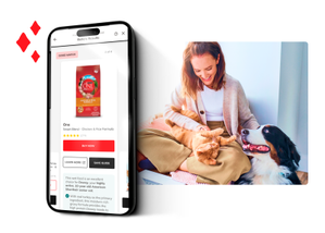 Purina's pet food finder tool displayed on an iPhone with an image of a woman petting a dog in cat as the background